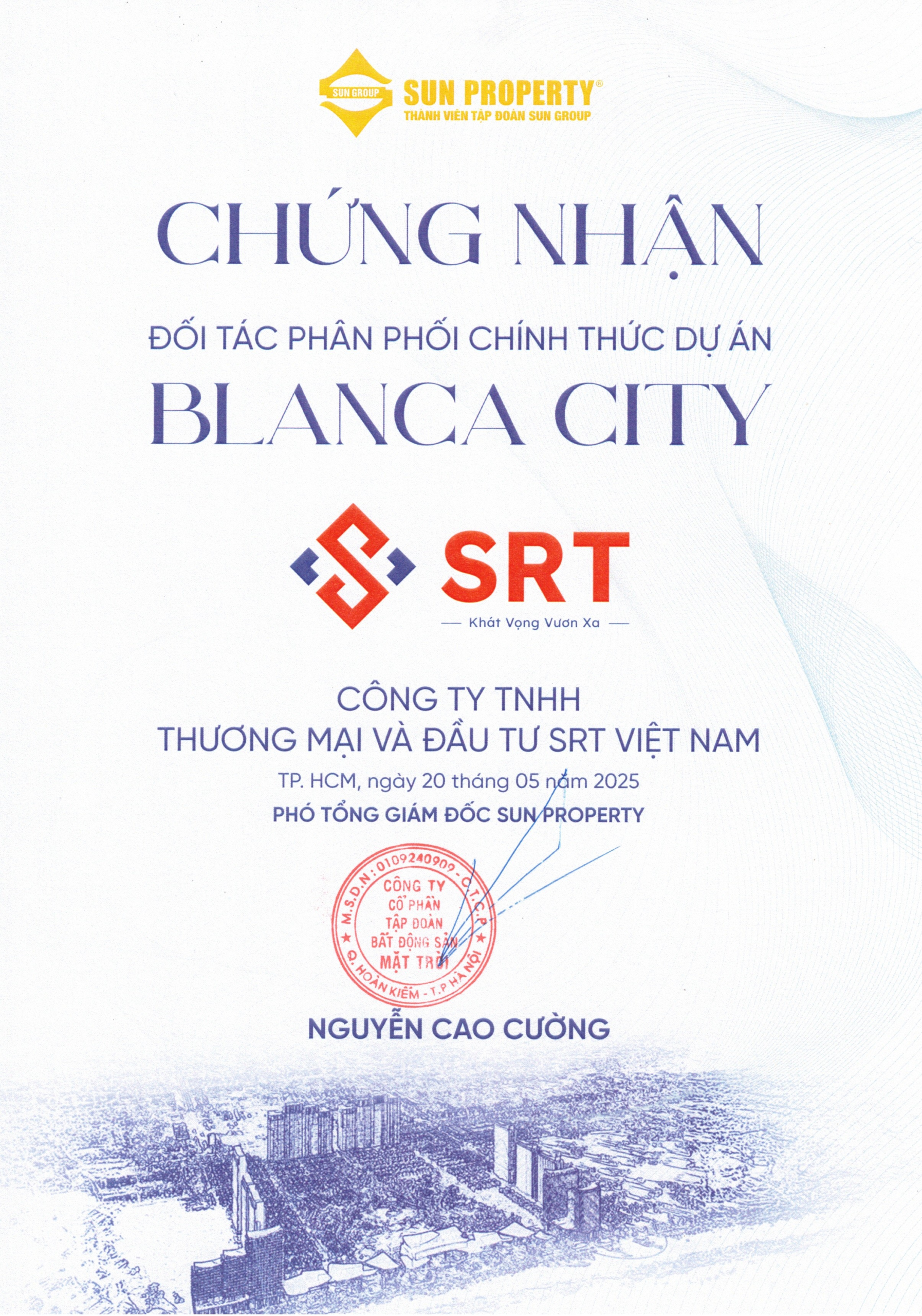 Giay chung nhan doi tac phan phoi chinh thuc du an Blanca City scaled